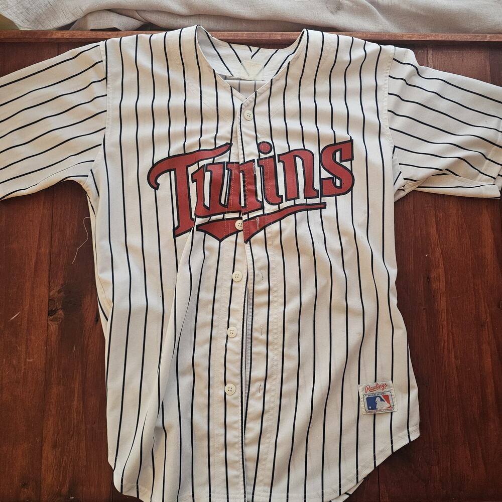 Majestic Twins White Pinstripe Baseball Jersey with Red Logo